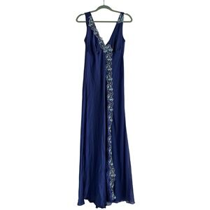 COEMI Vintage Silk Slip Dress Women L Blue Satin Floral Embroidered